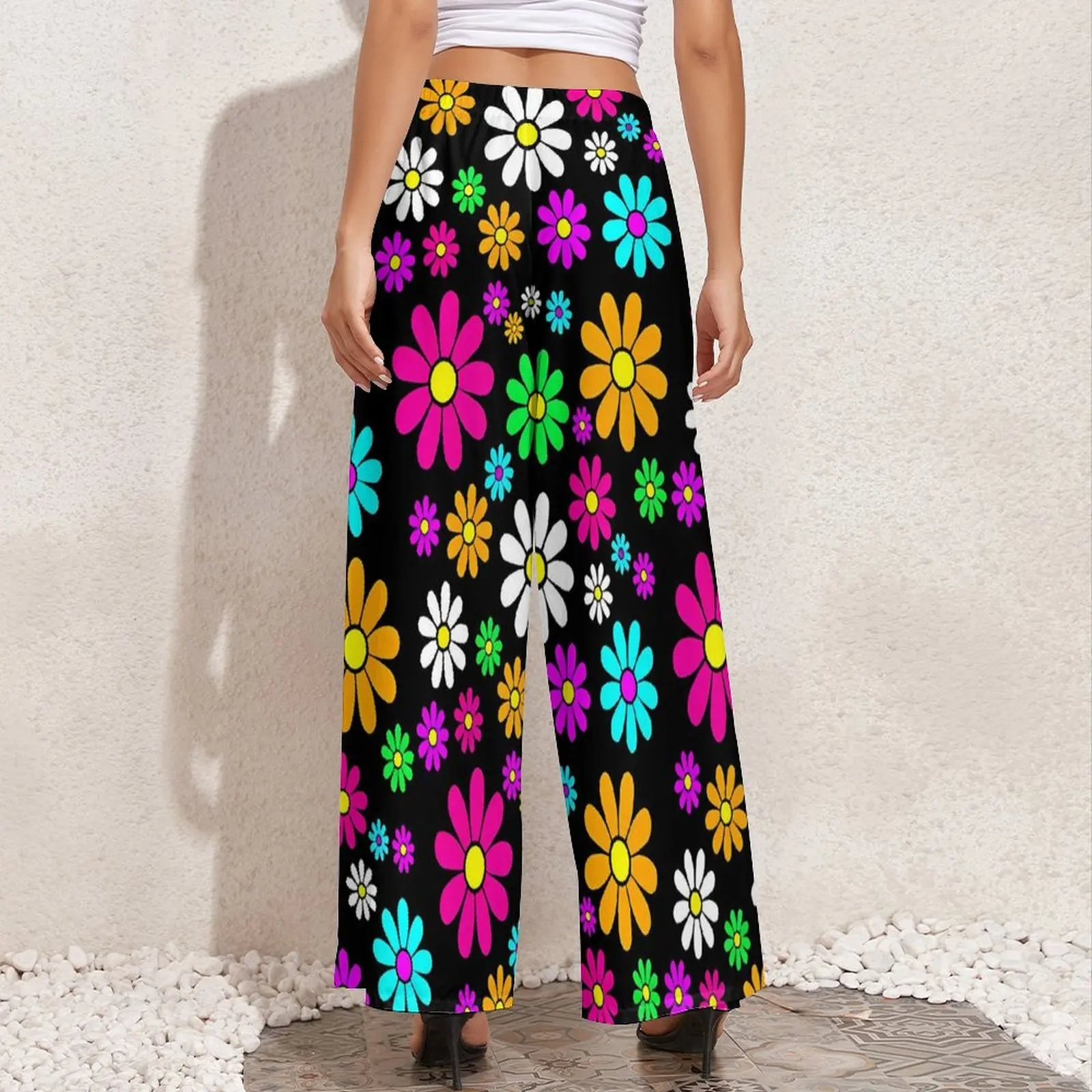 Flower Power Pants Hippie Groovy Daisies Casual Wide Leg Pants Womens Big Size Street Wear Custom Straight Trousers