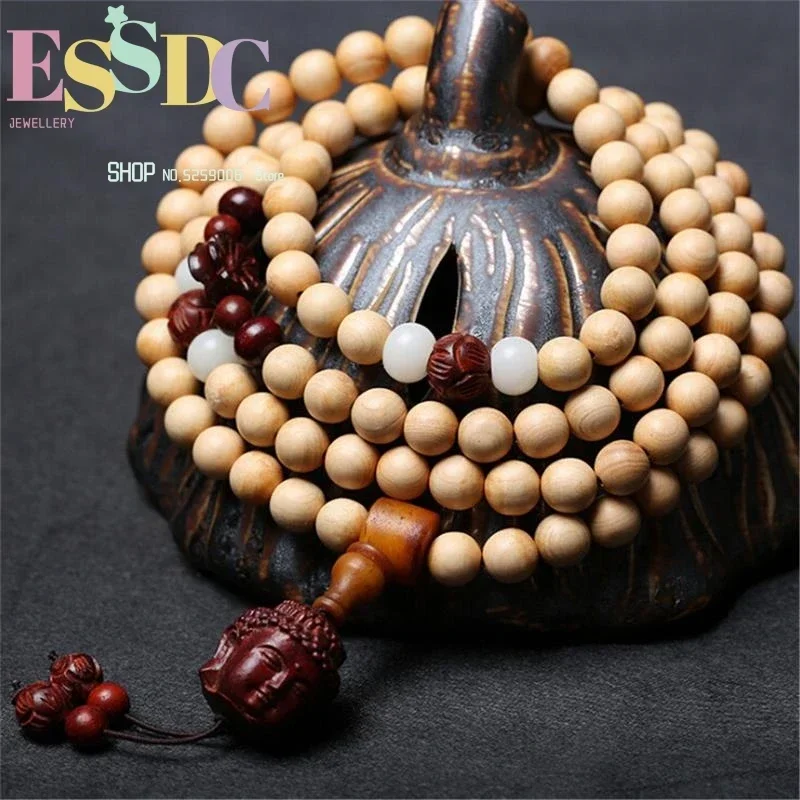 Natural Taihang Mountains Cypress 108 Beads Mala Lobular Sandalwood Carved Lotus Buddha Head Pendant Prayer Bracelets