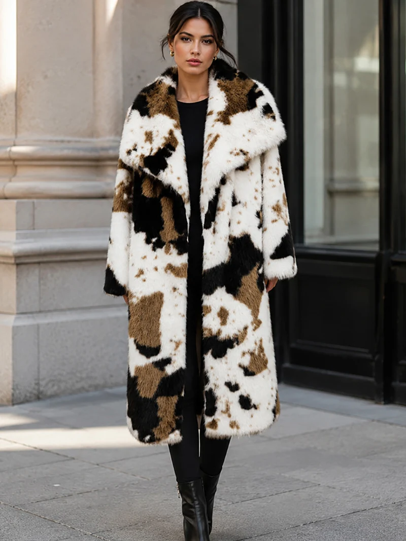 ZADORIN Luxury Women Cow Print Fluffy Faux Fur Coat Long Oversized Winter Jacket Big Collar Thick Warm Overcoat Chic Streetwear