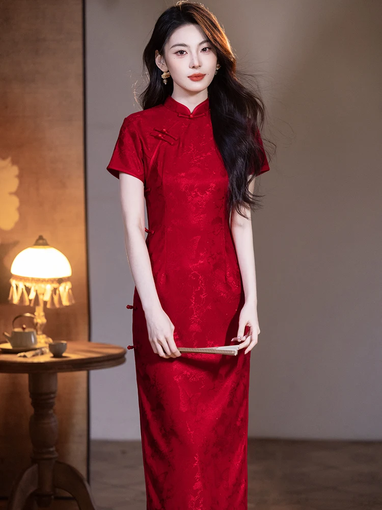 

Red Long Engagement Wedding Dress Elegant Style Short Sleeve Breathable Polyester Fiber for Daily Wear