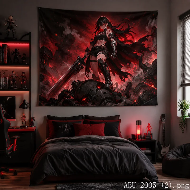 VIKAMA Dragon Warrior Girl Tapestry Fiery Volcano Flame Battle Wall Hanging Gothic Anime Teen Boys Gaming Room Cool Decor