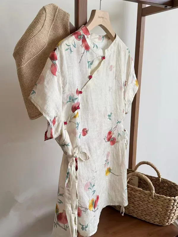 New Chinese Style Women's Shirt Plum Print Tassel Cuff High End Flax Summer Top Button up Loose Fit Short Sleeve round Neck