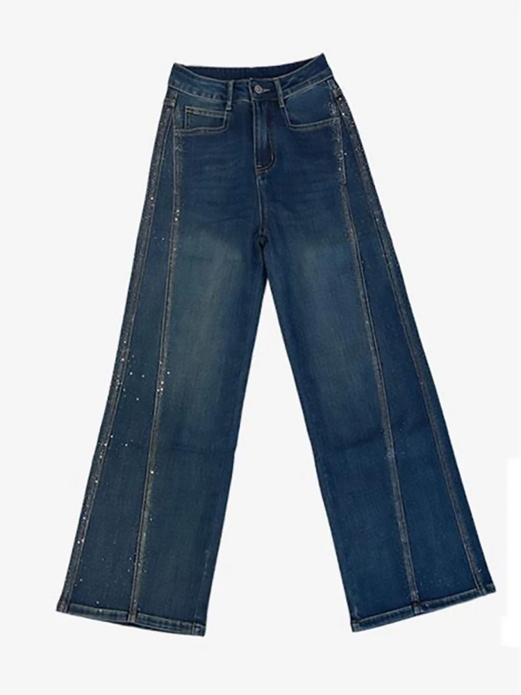 

Американские джинсы со стразами для женщин, новые весенние, с высокой талией, прямые, винтажные, повседневные, широкие джинсовые брюки