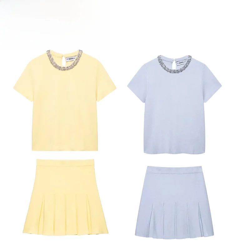 

Faionable Knitted Top And Skirt Set with Jewelry Accories Women's Spring New Sle Straight Cut ort Sve round ...