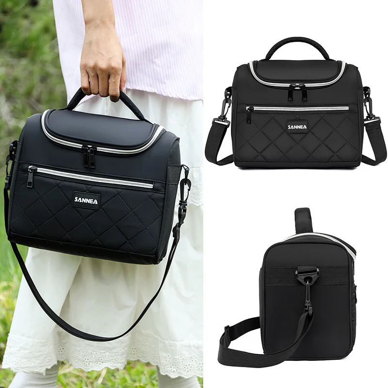 Black diamond grid fresh-keeping ice pack handbag, crossbody style insulated bag