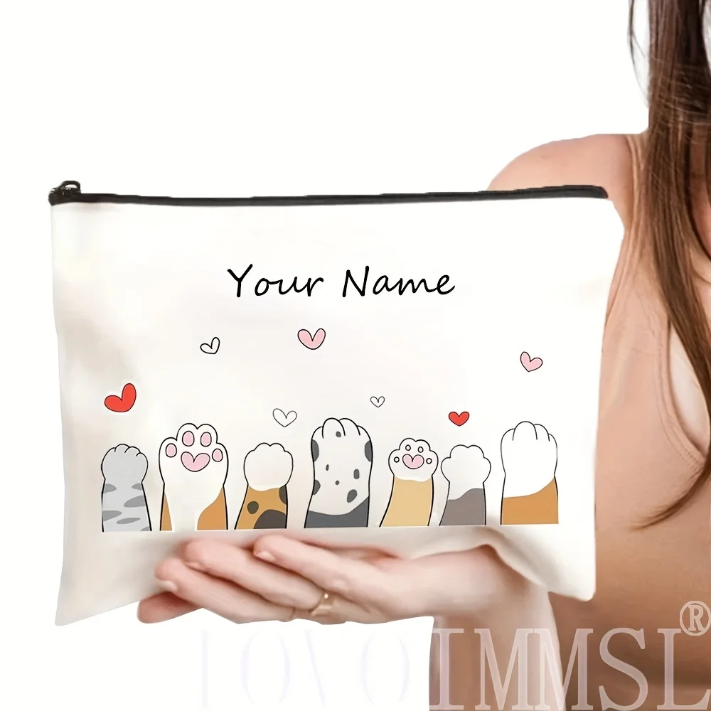 Custom Vintage Cat Paw with Heart Motivational Print Polyester Makeup Bag White Zipper Cosmetic Pouch Portable Storage Bag