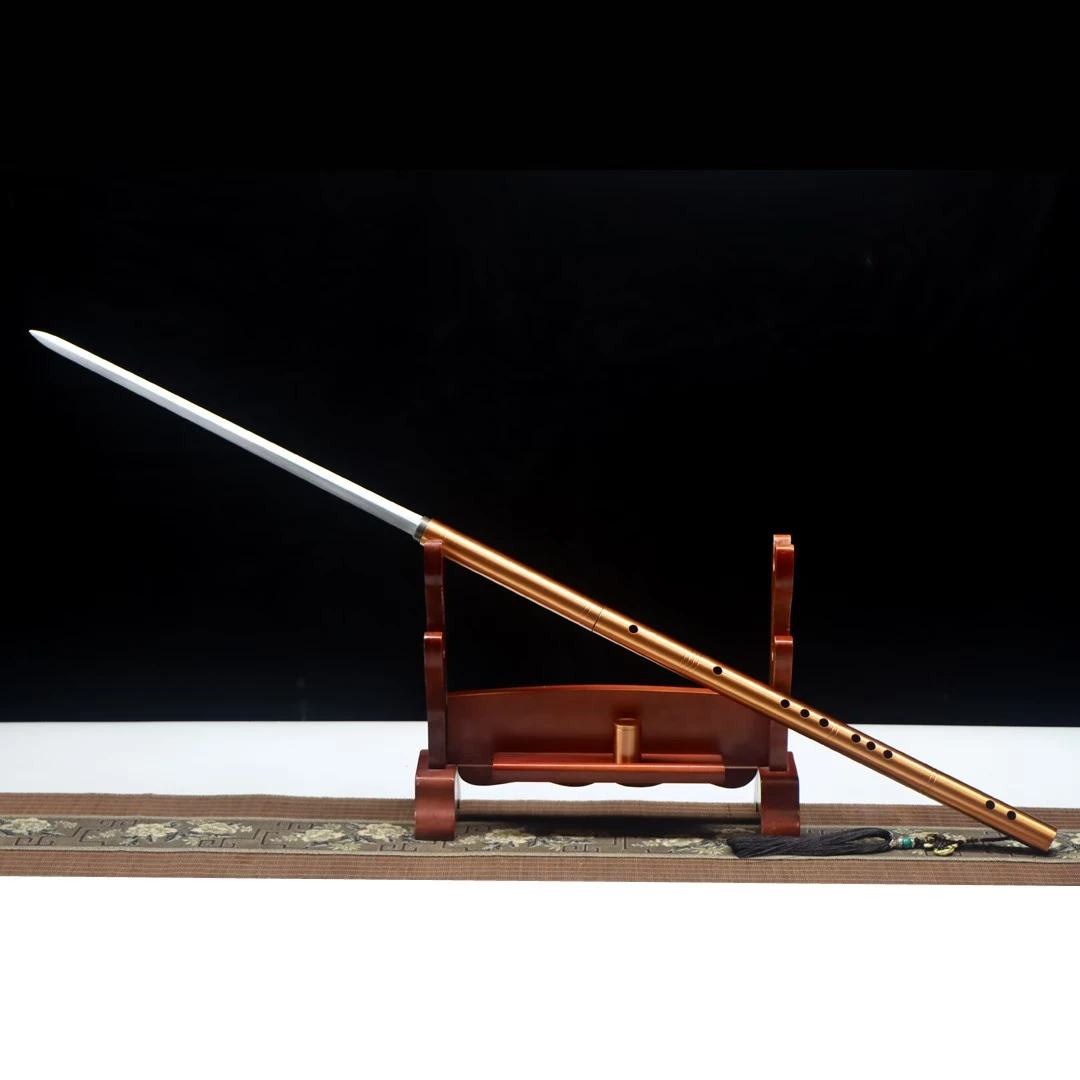Very Beautiful Red Copper Carved Flute Sword Forged Damascus Steel Blade Can Playing Tool
