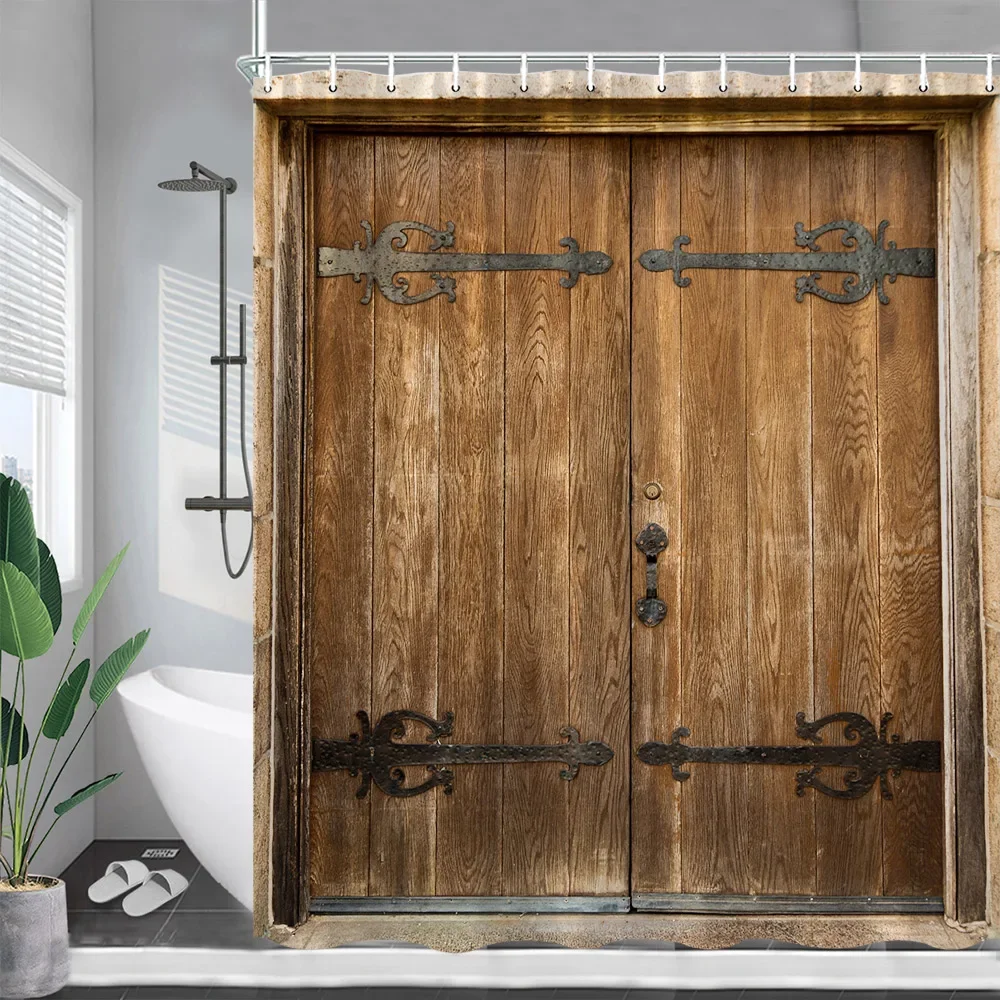 Rustic Farm Barn Door Shower Curtains Vintage Wood Plank Wheel Sunflower Polyester Fabric Bathroom Decor Bath Curtain with Hooks