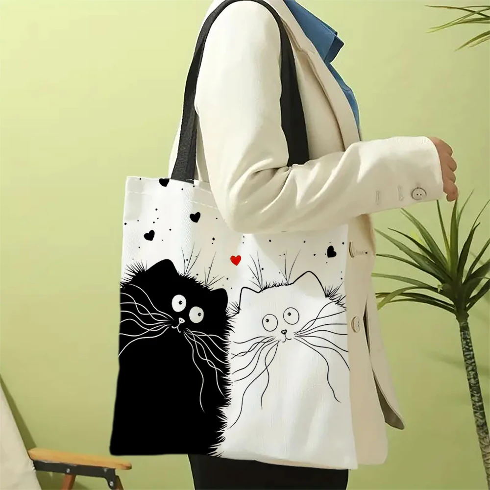 Leinen-Shopper, wiederverwendbare Tragetasche, süßer Katzendruck, Lebensmittel-Aufbewahrungstasche, tragbar, große Kapazität, Umhängetasche, maschinenwaschbare Tragetasche – Detail 2
