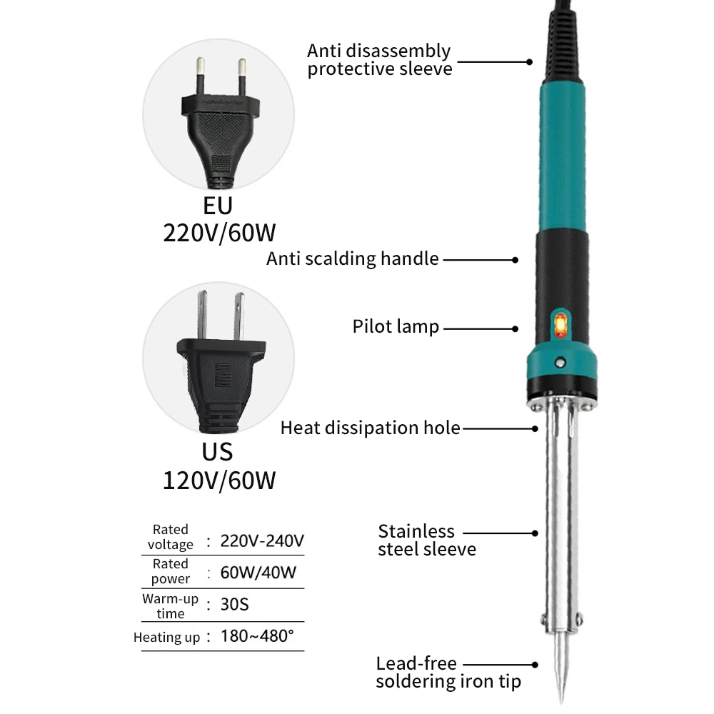 60W Adjustable Temperature Electric Soldering Iron 110V/220V EU/US Standard 180-480°C Welding Solder Rework Station Heat Pencil