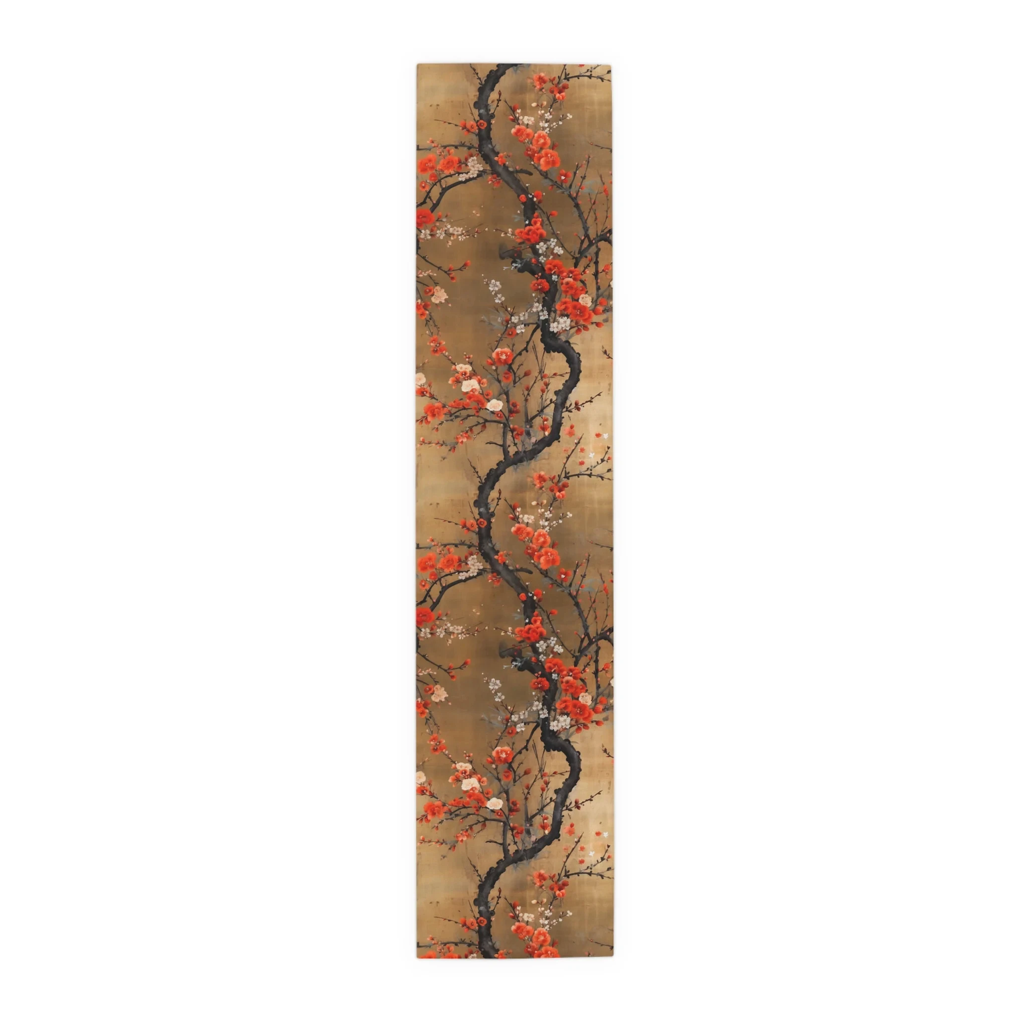 1pc Traditional Plum Blossom Table Runner, Linen 2D Print, Vintage Gold & Red Floral Design for Dining Table, Kitchen & Living R