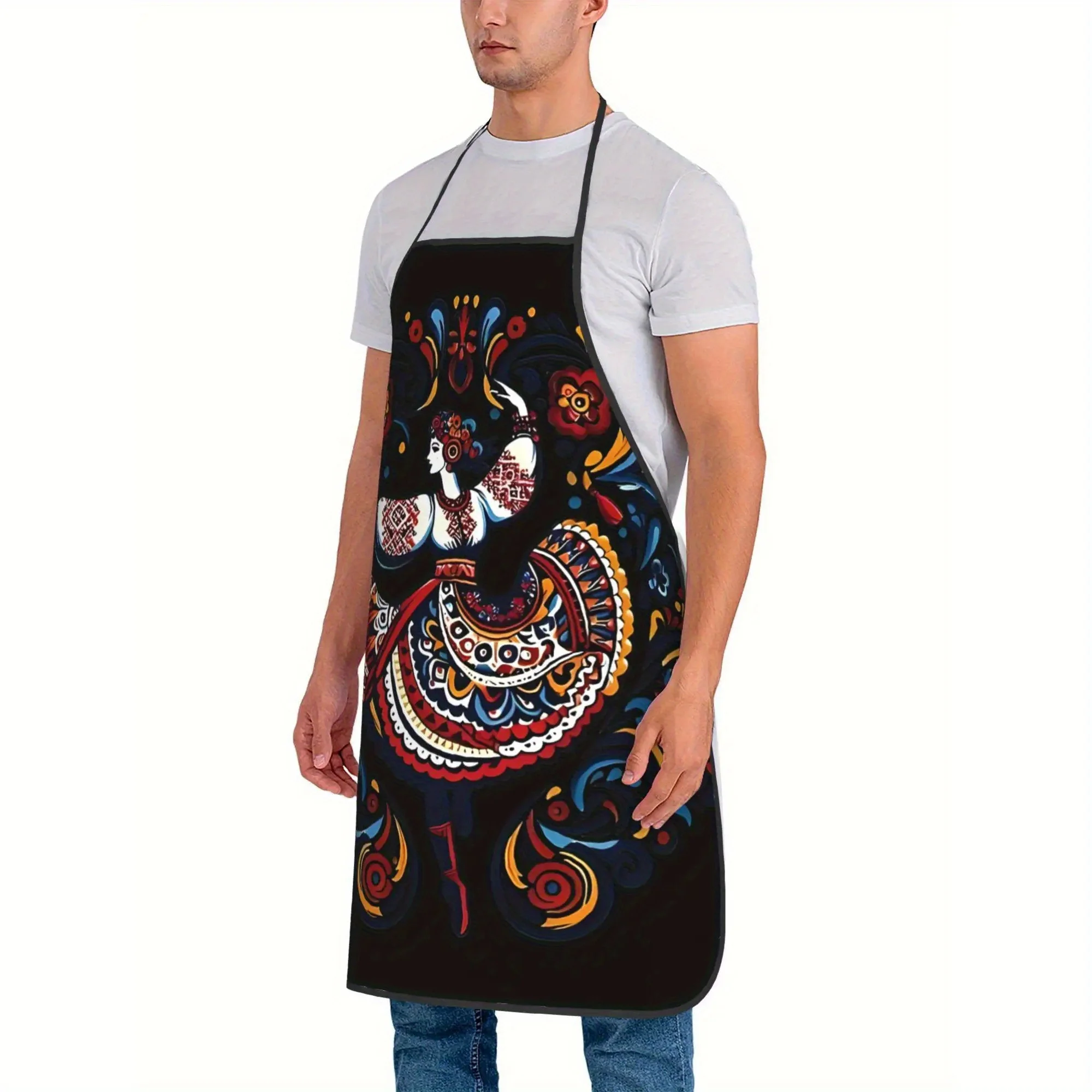Ukrainian Dance Design Cooking Apron - Retro Style with Bright Floral Design on Dark Fabric, Sturdy Material for Household Kitch