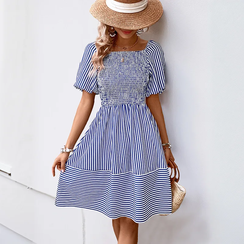 

2025 New Navy Style Summer Puff Sleeve Shirred Striped Women's Fashion Dress 001