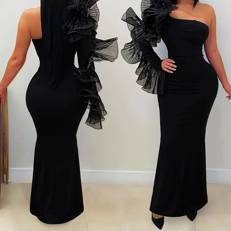 

Шикарное 3D плиссированное украшение для банкета, элегантное платье с рукавами на одно плечо, стильное платье с разрезным воротником, асимметричное тонкое вечернее платье