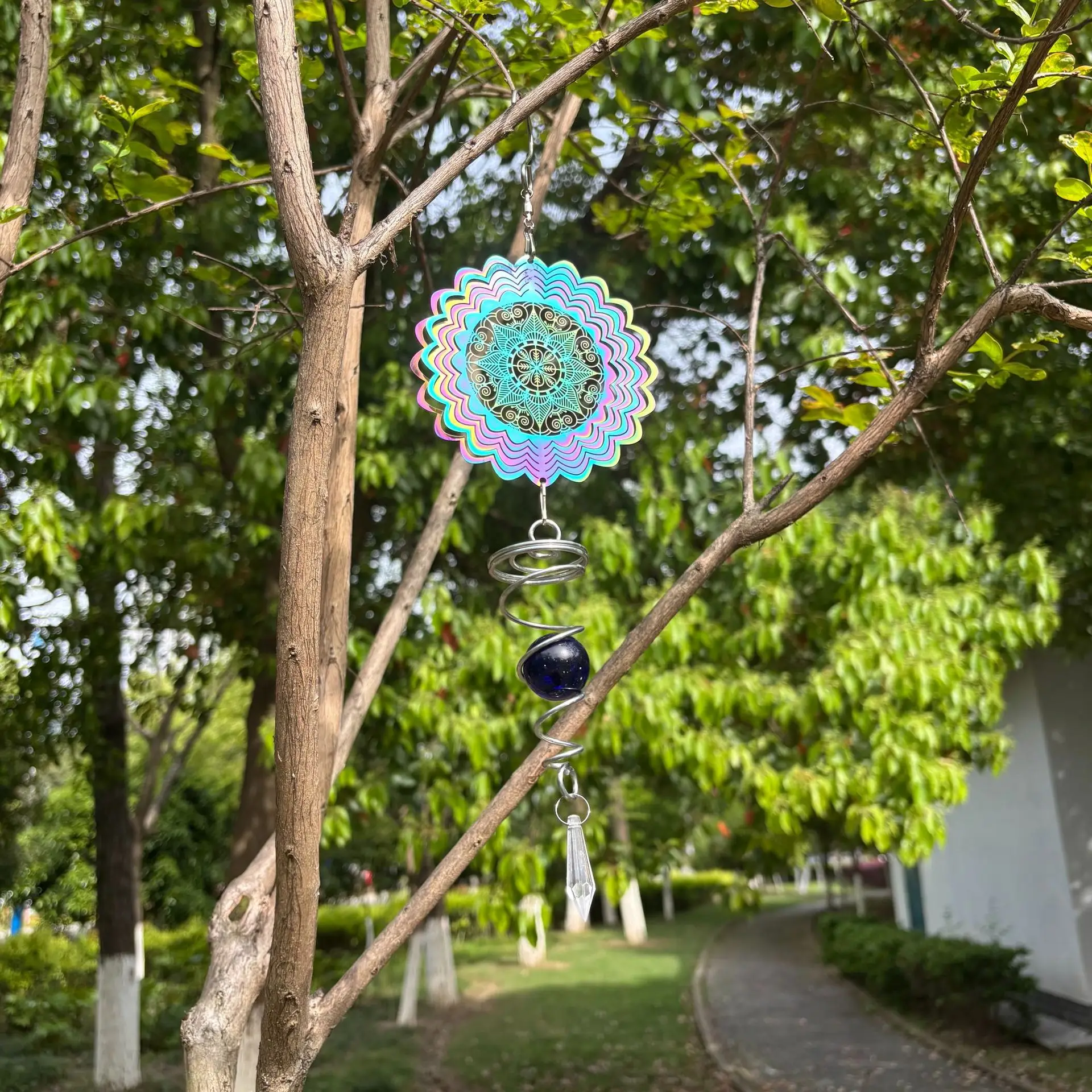 Rainbow Mandala Hanging Wind Spinner Suncatcher Crystal Gazing Ball Spiral Tail Stabilizer Wind Sculpture Garden Window Decor