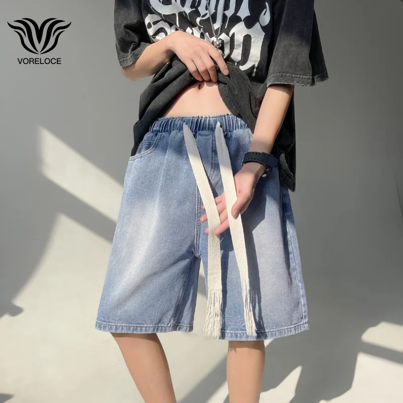 2023 Summer New Blue Simple Denim Shorts Fashion Loose Casual Knee-length Cropped Pants Elastic Waist Belt Grinding White Shorts