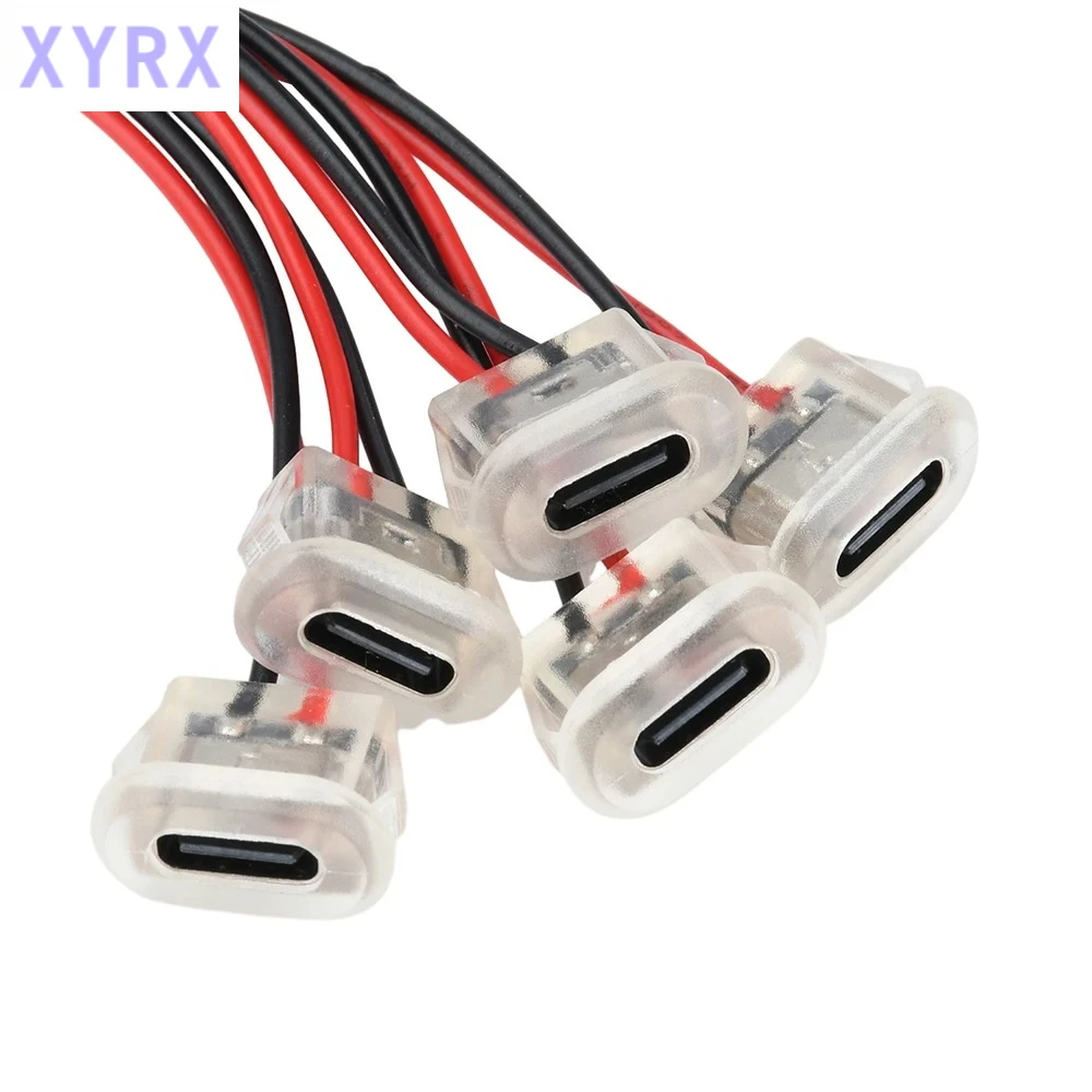 5PCS Female Connectors 2Pin USB Type-C Input Type Charging Socket Waterproof USB-C Power Port 24AWG Lead Wire With LED Lights