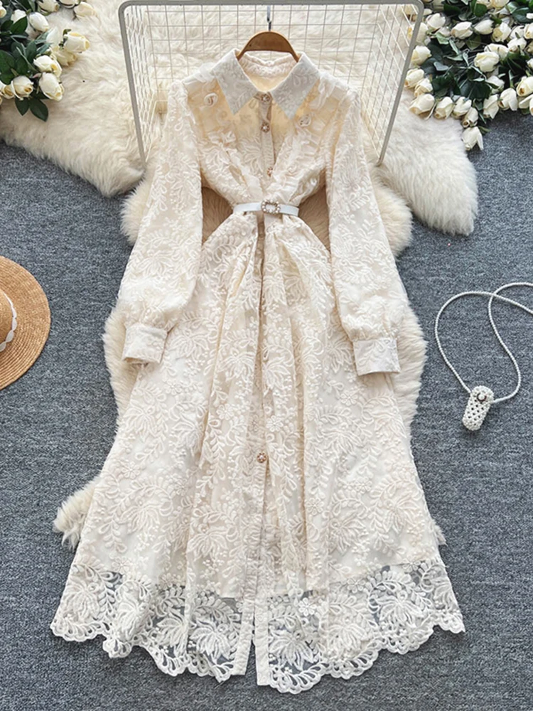 

Spring Autumn French Turn-Down Collar Long Sleeve Lace Dress Women's New Apricot Elegant Single Breasted Party Dress S317