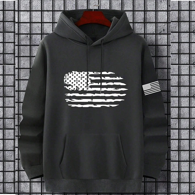 

2024 New Hot Selling Men's American Flag Printed Kangaroo Pocket Drawstring Warm Hoodie Spring and Autumn Casual Sports Top