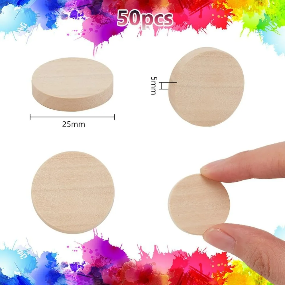 50pcs 1 Inch Unfinished Beech Wood Craft Circle Cutouts Round Wooden Thick Circles Slices Blank Wood Ornaments Decoration