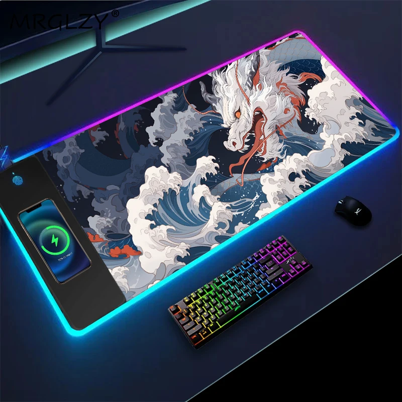 Wireless Charging Mouse Pad Rgb Dragon Ocean Wave Desk Accessories Playmat Extra Large Mousepad Keyboard Pad Office Equipment