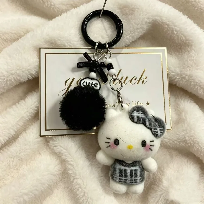 Sanrio Kawaii Hello Kitty Retro plaid Doll Keychain Japanese Cartoon Bag Pendant Car Key Accessories Children's Birthday Gift view 2