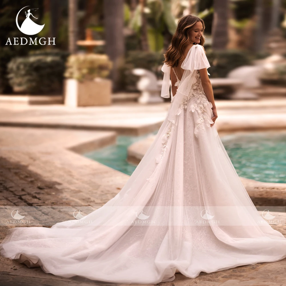 Aedmgh a-line فساتين زفاف رومانسية 2023 سويت هارت بدون أكمام شرائط Vestido De Novia زينة زهور ثلاثية الأبعاد رداء De Mariee