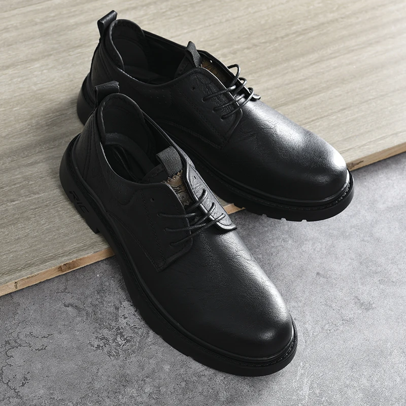 

Comfortable round Toe Men's Lace-Up Casual Leather Shoes Black Business Commuter Daily Footwear Youth Mixed Material Sneakers