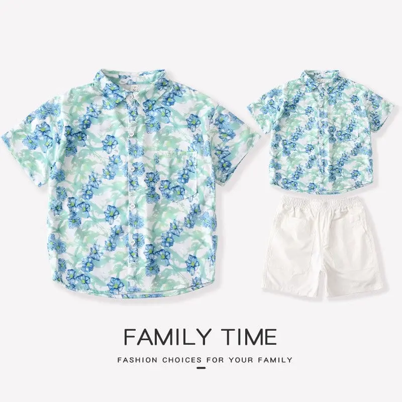 

2025 New Summer Family Matching Outfits Ruffle Sleeve Dress for Mom & Daughter + Floral Shirt for Dad & Son Beach Vacation Sets