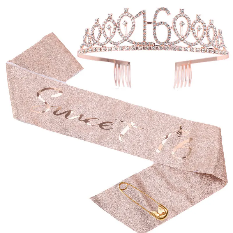 Birthday Rose Gold Satin Sash Crystal Crown Tiara 10 13 15 16 18 21 30 40 50th Birthday Party Supplies Anniversary Party Decor