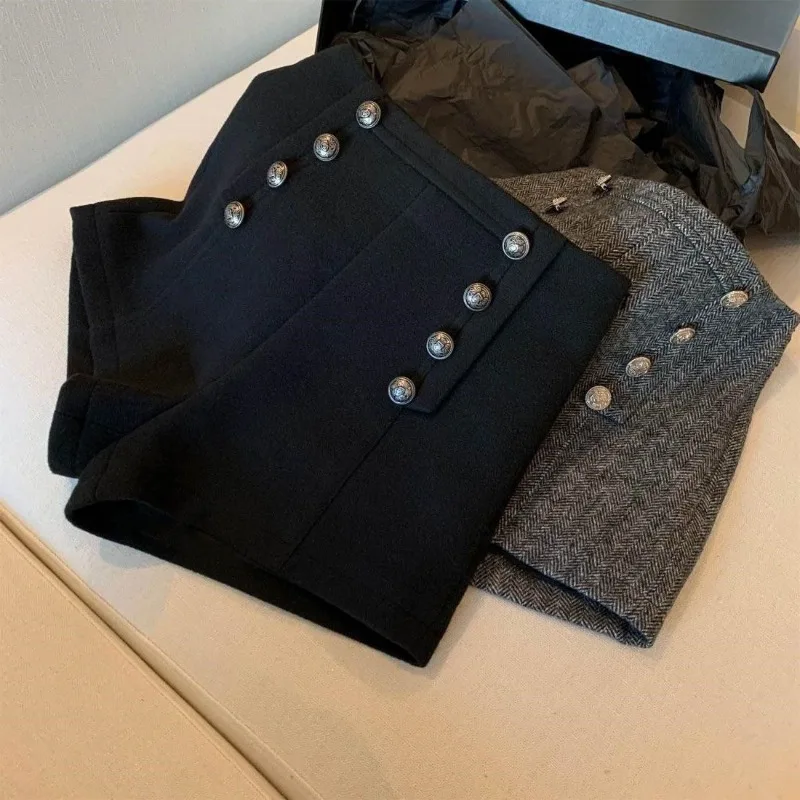 شورت نسائي عتيق من الصوف المتعرج عالي الخصر على شكل حرف a للتخسيس مزدوج الصدر خارج جودة عالية مستوى المظهر العالي #6