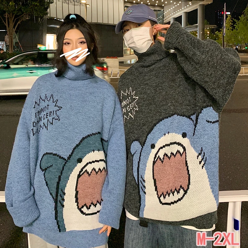 Couple sweater cartoon shark casual loose hip-hop knitted pullover autumn and winter oversized sweater unisex pullover