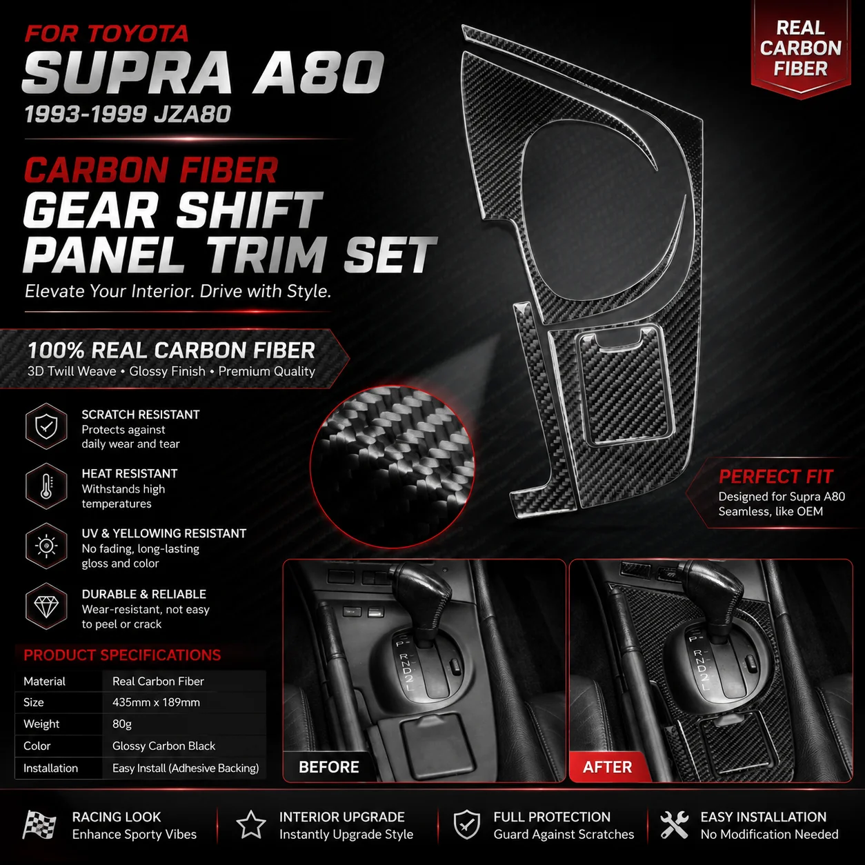 For Toyota Supra A80 MK4 1993-2002 JZA80 Real Soft Carbon Fiber Car Interior Center Console Gear Shift Panel Cover Trim Set 4Pcs