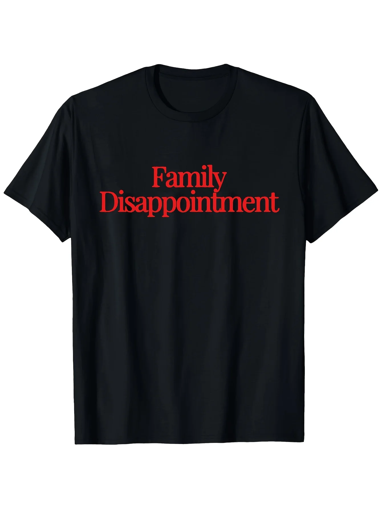 T-shirt graphique « Family Disappointment » avec texte rouge, imprimé minimaliste et sarcaste, style indie, unisexe, coupe ample, décontracté, à manches courtes