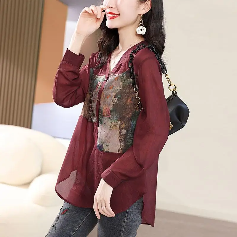 Summer New Fashion Printed Spliced V-Neck Button Shirt 2023 Women\'s Clothing Casual All-match Long Sleeve Thin Blouse Female