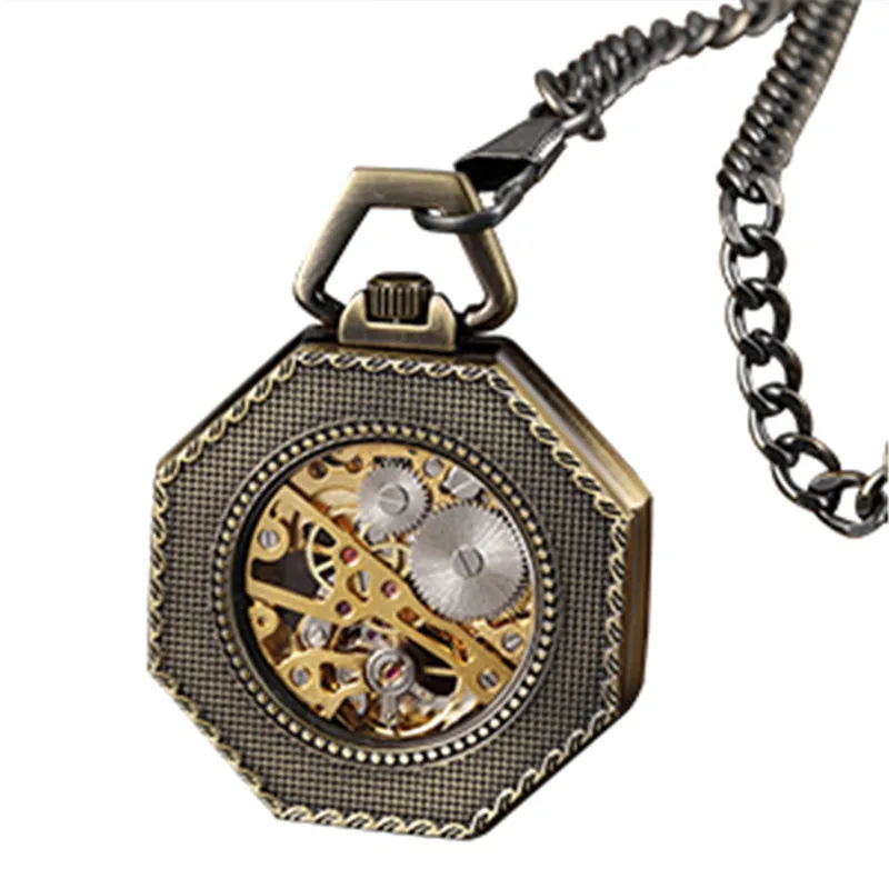 Retro Hand-winding Mechanical Pocket Watch for Men Women Octagon Shape Skeleton Clock Pendant FOB Chain Gift