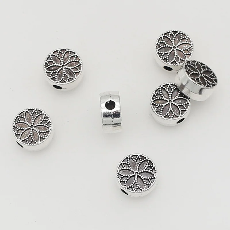 20pcs/Lot Double Sides Flower Flat Round Pie Loose Beads 10mm Manual Bracelets Metal Bead Spacer Charms DIY Jewelry Findings