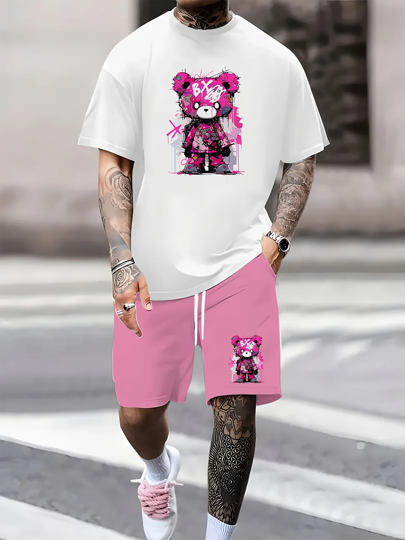 

The 2025 summer new 3D bear graphic printed men's suit is fashionable simple casual and breathable