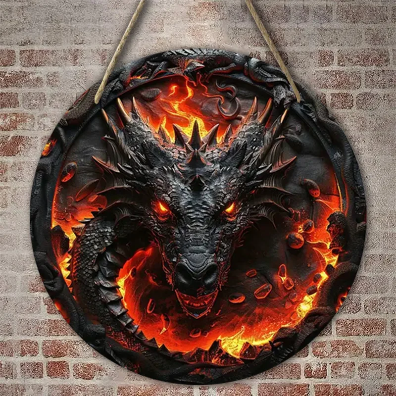 2 Pieces 2D Wooden Disc Black Dragon Flame Theme Wall Art Sign 8 Inch for Home Office Living Room Bathroom Bar Cafe Decoration