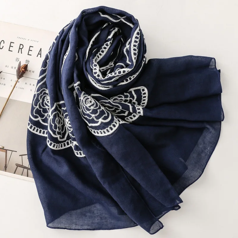 

Сплошной цвет, шарф с цветочной вышивкой в этническом стиле, шарф-хиджаб с цветком розы, теплые дорожные палантины и шали с рулонными краями для женщин