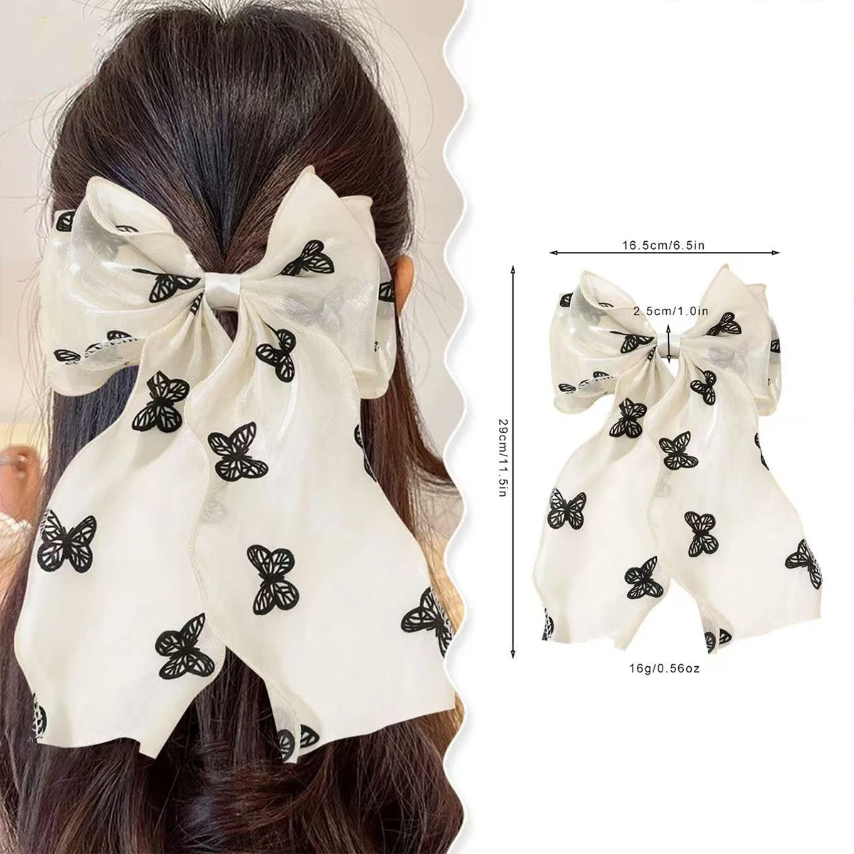 Beige bright silk yarn ribbon bow ribbon hairpin, high-quality polka dot heart rose butterfly pattern spring clip hair ornament