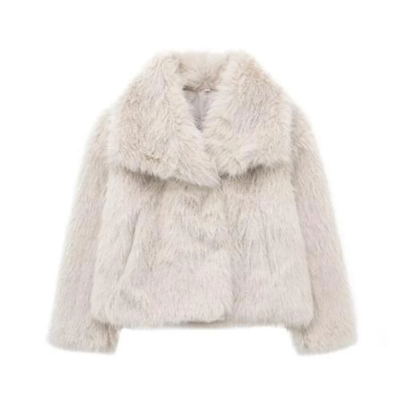 Fashion Faux Fur Jackets Women American New Loose Ture Down Collar Long Sleeve Thick Coats Female Autumn Warm Chic Outerwear Top