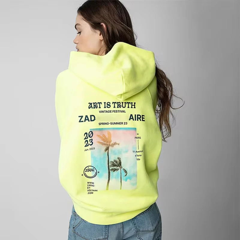 Zadig Female Hooded Sweatshirt Women Fluorescent Yellow Hoodies Grey Coconut Tree Small Winged Pullover Winter New Fleece Tops