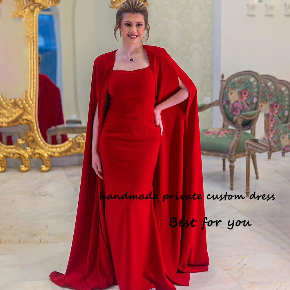 

Red Satin Mermaid Evening Dresses with Cape Square Neck Dubai Formal Prom Dress Elegant Women Wedding Guest Gown Lace Up Back