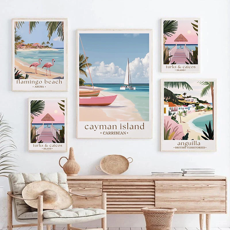 Tropical Island Caribbean Posters Flamingo Beach Barbados Travel Beach Prints Canvas Painting Wall Art Pictures Home Room Decor