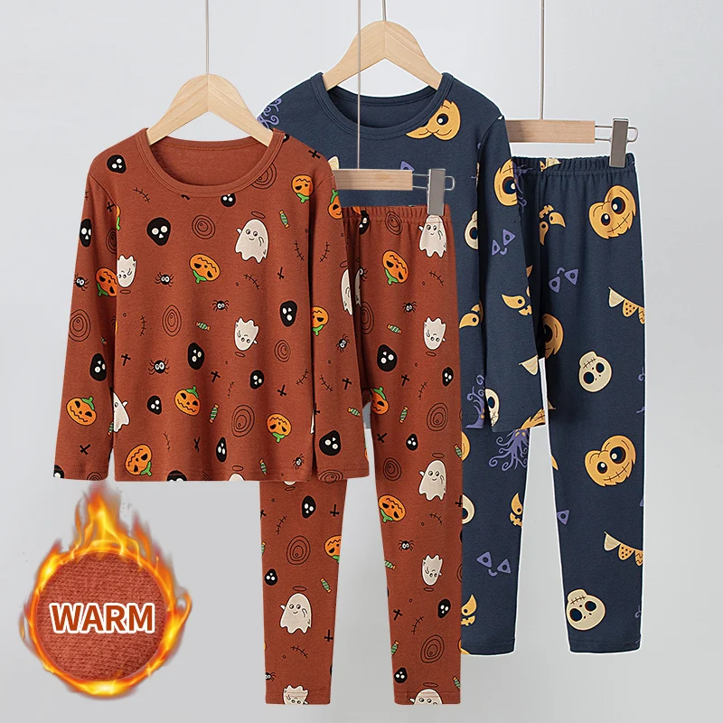 2-Piece Children's Halloween Cute Pumpkin Pattern Cotton Long-Sleeved Trousers Suit Boys and Girls Casual Joker Breathable Home