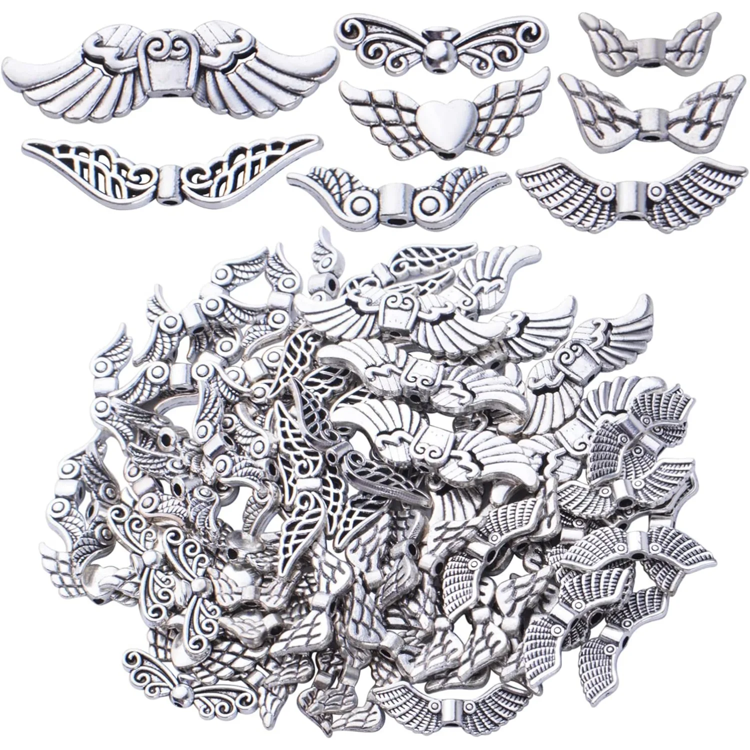 

Antique Silver Angel Wing Spacer Beads - Tibetan Alloy Fairy Wing Charm Beads for DIY Necklace & Bracelet Making, 8 Styles