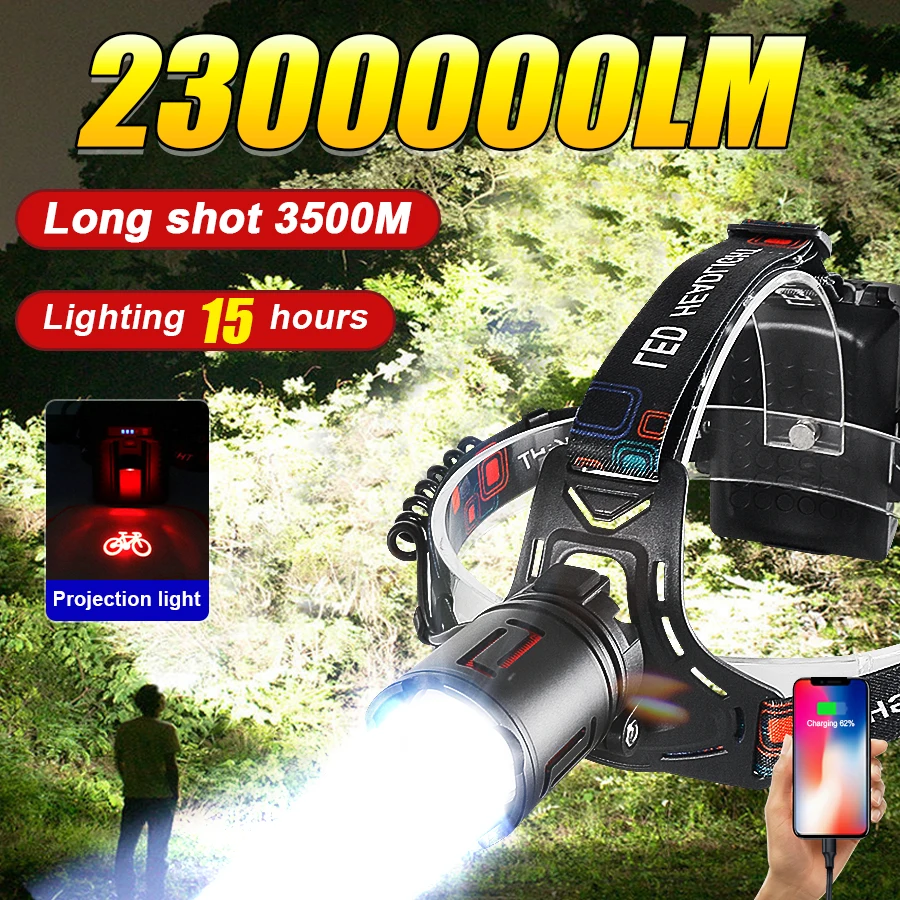 2300000LM Ultra Powerful Headlamp Long Shot 3500M Lamp High Power LED Headlight With Projector Light For Cyclist Head Flashlight