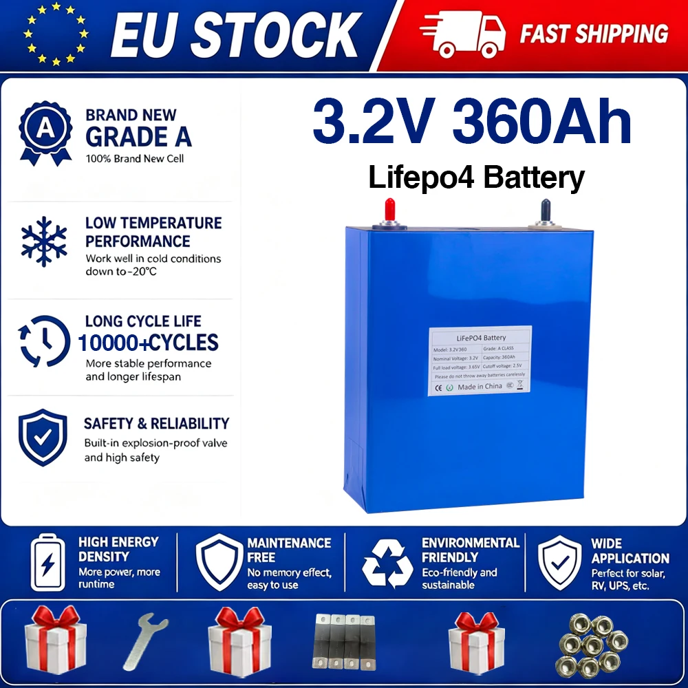 Lifepo4 3,2V 360Ah Batterie Klasse A 10000+ Zyklen Neue Wiederaufladbare Lithium-Ionen-Batteriezelle DIY 12V 24V für Wohnmobile, Golfcarts, Yachten