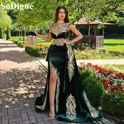 SoDigne Green Velvet Evening Dresses Caftan Gold Lace Appliques Side Slit Mermaid Party Dress 2024 Morocco Prom Gowns Customized